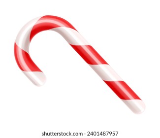 Christmas candy cane. Christmas stick. Traditional xmas candy with red and white stripes. Santa caramel cane with striped pattern. Realistic 3d Vector illustration isolated on white background.