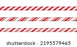 Christmas candy cane straight line border with red and white striped. Xmas seamless line with striped candy lollipop pattern. Christmas element. Vector illustration isolated on white background.