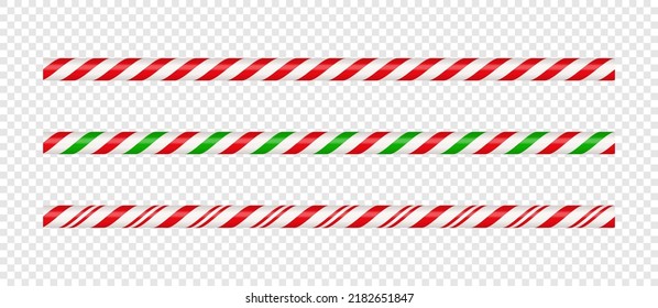 Christmas candy cane straight line border with red and green striped. Xmas seamless line with striped candy lollipop pattern. Christmas element. Vector illustration isolated on white background.