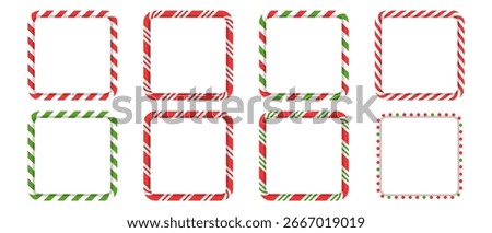 Christmas candy cane stripe border set. Red and green square frames for holiday cards, banners, and winter design