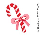 Christmas candy cane striped with bow knot. Xmas lollipop in cartoon flat style. Festive New Year caramel sweet. Isolated vector illustration on a white background. Perfect for winter holiday design.
