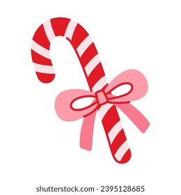 Christmas candy cane striped with bow knot. Xmas lollipop in cartoon flat style. Festive New Year caramel sweet. Isolated vector illustration on a white background. Perfect for winter holiday design.