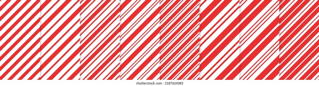 Christmas candy cane striped seamless pattern set. Christmas candycane background with red stripes. Red caramel diagonal print. Xmas traditional wrapping texture. Vector illustration.