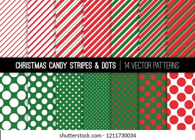 Christmas Candy Cane Stripes and Polka Dots Vector Patterns. Red Green White Xmas Theme Backgrounds. Prints for Wrapping Paper or Card-making. Repeating Pattern Tile Swatches Included. 