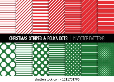 Christmas Candy Cane Stripes and Polka Dots Vector Patterns. Red Green White Xmas Theme Backgrounds. Diagonal and Horizontal Lines. Variable Size Dots. Repeating Pattern Tile Swatches Included. 