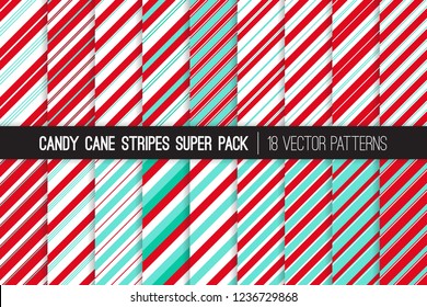 Christmas Candy Cane Stripes Vector Patterns in Aqua Blue, Red and White. Classic Winter Holiday Treat. Striped Backgrounds. Variable Thickness Diagonal Lines. Repeating Pattern Tile Swatches Included