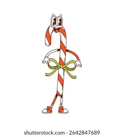 Christmas candy cane sweet dessert groovy funny character. Winter holidays dessert cheerful groovy vector mascot, Christmas caramel candy funny personage. New Year sweet dessert snack happy character