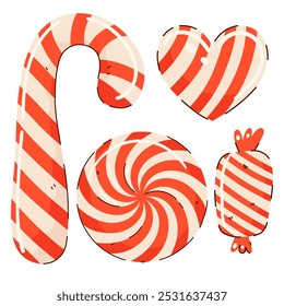 Christmas candy cane and Sweets. Santa candy cane in red and white stripes. Hand drawn cartoon elements. 