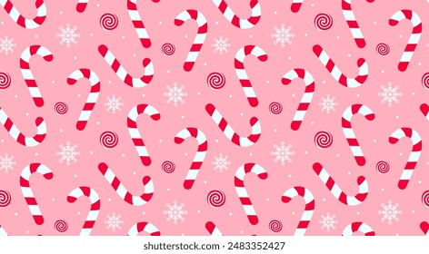 Christmas candy cane, swirl candy and snowflakes seamless pattern. Holiday traditional peppermint backdrop. 