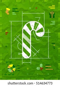 Christmas candy cane symbol as technical blueprint drawing. Drafting of lollipop on crumpled paper. Vector image