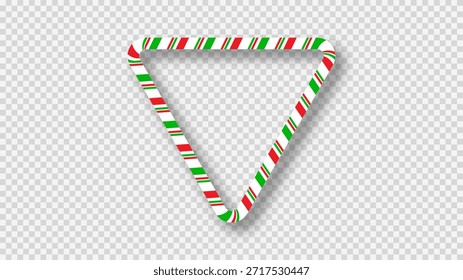Christmas candy cane triangle frame with red, green and white stripes. Perfect for holiday cards, banners, or festive templates. Vector illustration