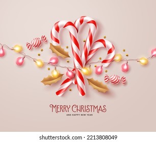 Christmas candy cane vector design background. Merry christmas and happy new year text with candy cane and candy elements for xmas greeting card decoration. Vector Illustration.