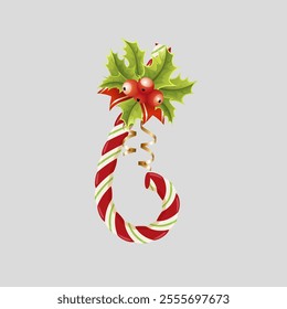 Christmas Candy Cane Vector Flat Icon Design. Christmas cane. Traditional Christmas candy with red, brown and white stripes. cherry fruit and leaves on gray background isolate