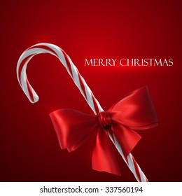 Christmas Candy Cane. Vector Holiday Illustration of Christmas Sweet Candy And Red Bow
