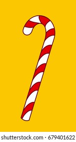 christmas candy cane vector icon isolated on yellow background, tasty xmas peppermint candycane, hand drawn line art lollipop pictogram, cartoon lolly pop, sweet sugar stick with red colored stripes