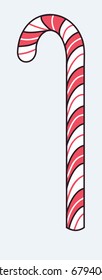 christmas candy cane vector icon isolated on white-blue background,sweet xmas peppermint candycane,line art lolly pop pictogram,hand drawn new year lollipop,tasty sugar stick w pink colored stripes.