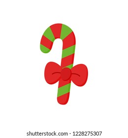 Christmas candy cane vector illustration icon. Festive, seasonal, traditional, holiday sweet candy stick with ribbon bow, isolated.