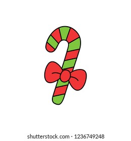 Christmas candy cane vector outlined illustration icon. Festive, traditional, seasonal sweet red and green striped candy cane with red ribbon bow.