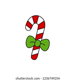 Christmas candy cane vector outlined illustration icon. Festive, traditional, seasonal sweet red and white striped candy cane with green ribbon bow.