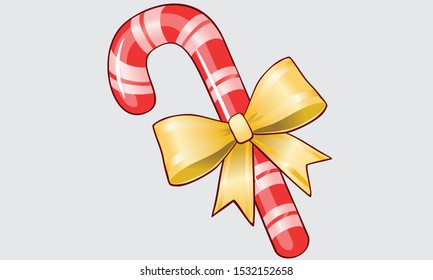 Christmas candy cane vector with red bow and holly berries isolated on white background