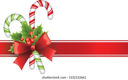 Christmas candy cane vector with red bow and holly berries isolated on white background