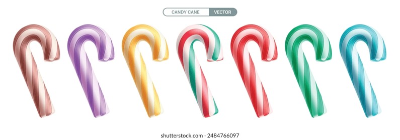 Christmas candy cane vector set design. Candy cane colorful decoration elements isolated in white background for holiday season ornaments. Vector illustration candy cane collection.
