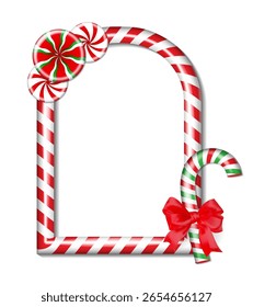 Christmas candy cane vertical arch frame. Holiday border with red and green stripes. Xmas frame with striped candy lollipop pattern. Christmas and new year vector template