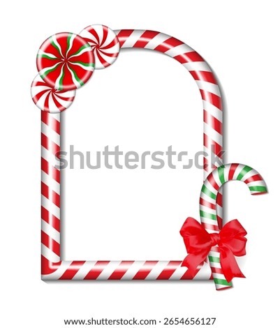 Christmas candy cane vertical arch frame. Holiday border with red and green stripes. Xmas frame with striped candy lollipop pattern. Christmas and new year vector template
