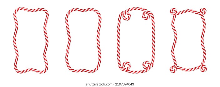 Christmas candy cane vertical frame with red and white stripe. Xmas border with striped candy lollipop pattern. Blank christmas and new year template. Vector illustration isolated on white background.