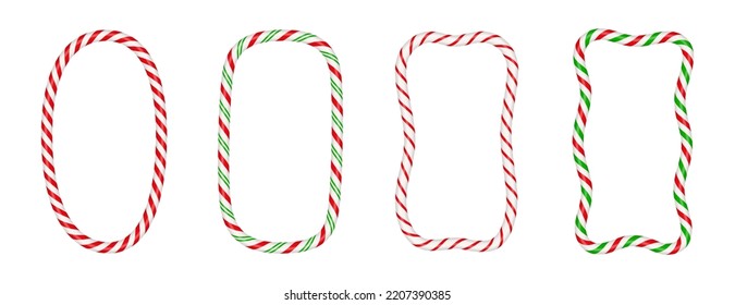 Christmas candy cane vertical frame with red and white stripe. Xmas border with striped candy lollipop pattern. Blank christmas and new year template. Vector illustration isolated on white background.