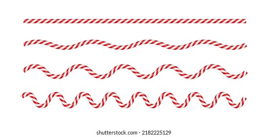 Christmas candy cane wave line with red and white striped. Xmas line with striped candy lollipop pattern. Christmas and new year element. Vector illustration isolated on white background.