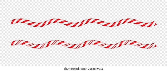 Christmas candy cane wave line with red and white striped. Xmas line with striped candy lollipop pattern. Christmas and new year element. Vector illustration isolated on white background.