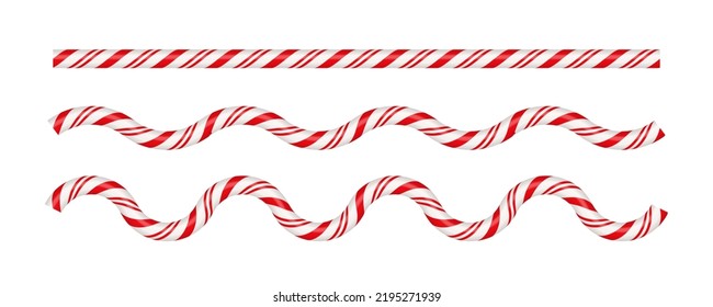 Christmas candy cane wave line with red and white striped. Xmas line with striped candy lollipop pattern. Christmas and new year element. Vector illustration isolated on white background.