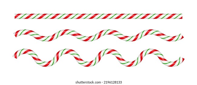 Christmas candy cane wave line with red, green and white striped. Xmas line with striped candy lollipop pattern. Christmas and new year element. Vector illustration isolated on white background.