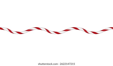 Christmas candy cane wave line from red and white twisted stripes. New Year holiday ornament. Xmas curly stripe from candy lollipop pattern. Vector festive design element