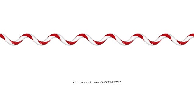 Christmas candy cane wave line from red and white twisted stripes. Xmas stripe candy lollipop pattern. New Year holiday element, festive design. Vector illustration isolated