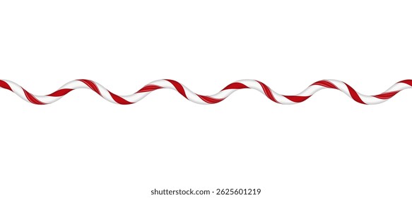 Christmas candy cane wave line from red and white twisted stripes. Xmas curly stripe candy lollipop pattern. New Year holiday ornament. Vector festive design element