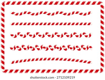 Navidades candy cane wave line con rayas rojas y blancas. Patrón de piruleta de Navidad festiva, elemento de decoración de vacaciones. Ilustración vectorial aislada sobre fondo blanco.