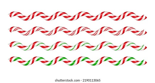 Christmas candy cane wave lines with red, green and white striped. Xmas lines with striped candy lollipop pattern. Christmas and new year element. Vector illustration isolated on white background.