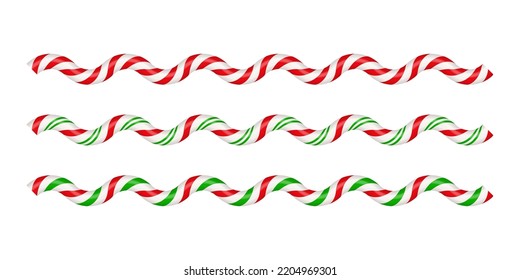 Christmas candy cane wave lines with red, green and white striped. Xmas lines with striped candy lollipop pattern. Christmas and new year element. Vector illustration isolated on white background.