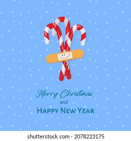 Christmas candy canes in band-aids. Fun wishes. Postcard. There are snowflakes around. Christmas greerting card.