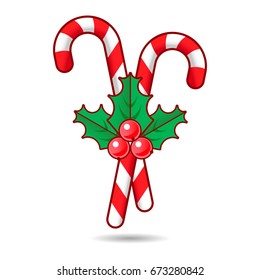 Christmas candy canes with berries, Isolated vector illustration.