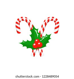 Christmas candy canes with holly berries isolated on white background. New Year decoration. Vector icon with christmas traditional symbols