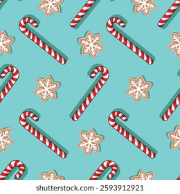 Christmas candy canes illustrations wallpaper Snowflakes seamless pattern on blue background Suitable for wallpaper gift wrapping paper print fabric texture.