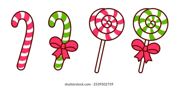 Christmas candy canes and lollipops doodle drawing. Red and green candy with ribbon bows. Vector clip art illustration set.