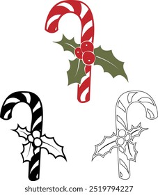 Christmas Candy Canes with Mistletoe. Traditional Xmas Symbol Features Red and White Peppermint Stripes, Perfect for Party Decorations, Wrapping Paper, Stickers, and Seasonal Wallpaper.