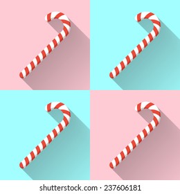 Christmas candy canes on color background with long shadow. Design vector illustration.