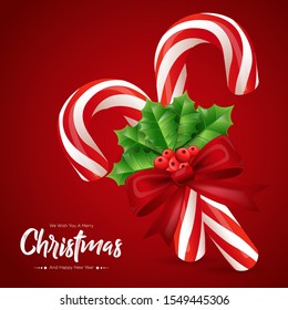 Christmas candy canes on red background
