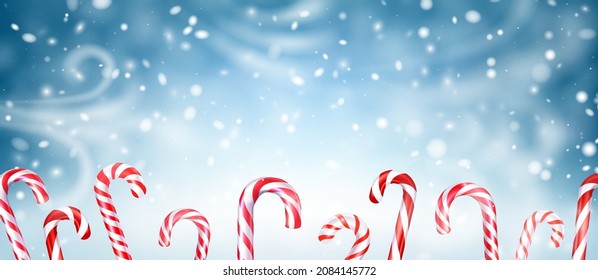 Christmas candy canes on snowy background. Vector holiday illustration.
