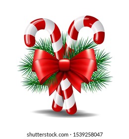 Christmas candy canes with red bow and christmas tree branch isolated on white. Vector illustration.